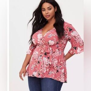 Torrid 3X Babydoll Challis Surplice Tie-Front Top Peach Floral Self Tie